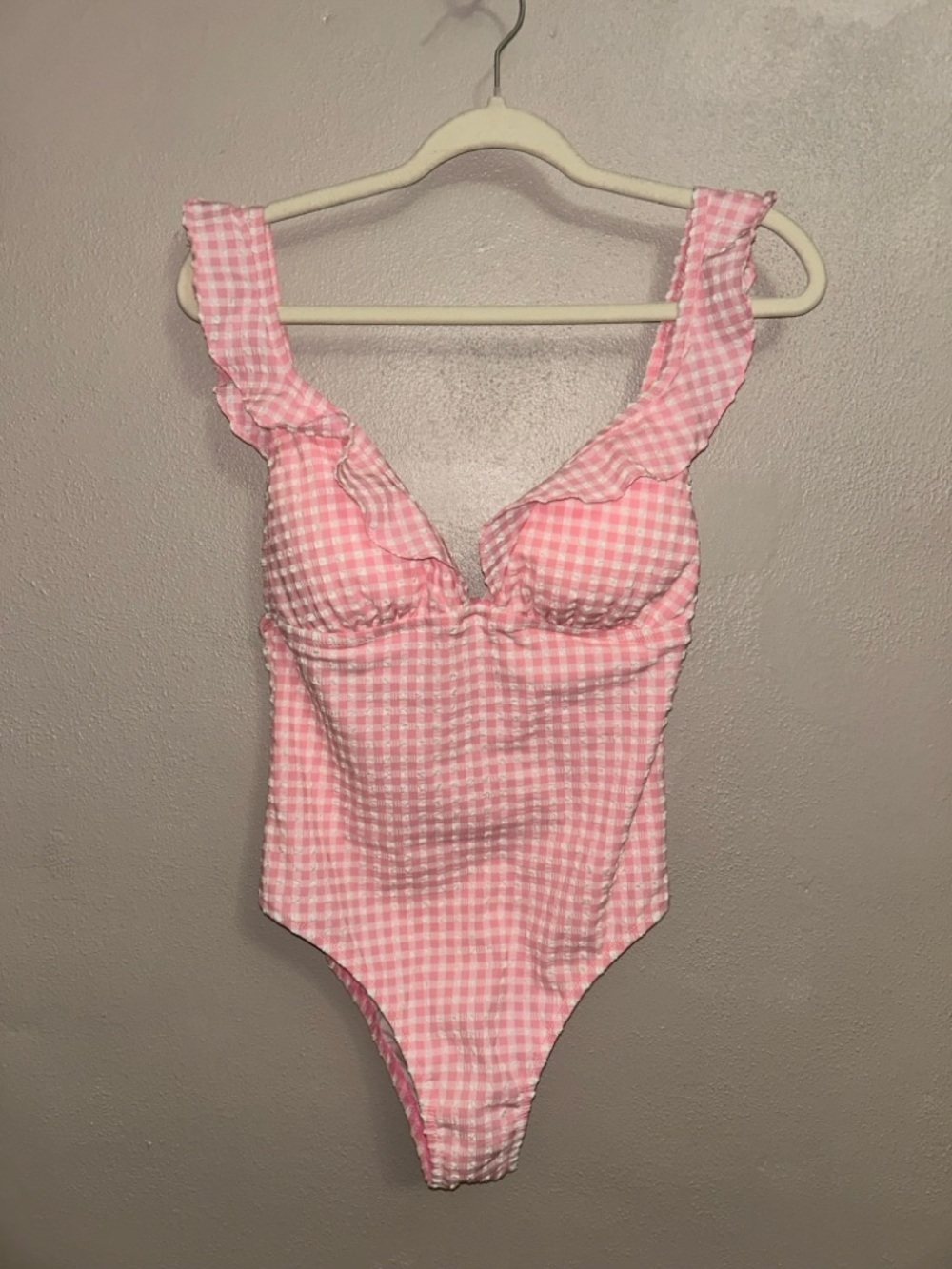 J. Crew seersucker ruffle Pink Gingham One-Piece Swimsuit with Ruffle Straps - Picture 2 of 4